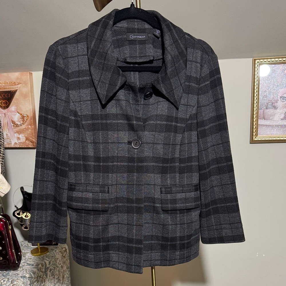 Vintage GUC Context Women's Black and Gray Plaid Blazer OnTrend Tartan Well Made